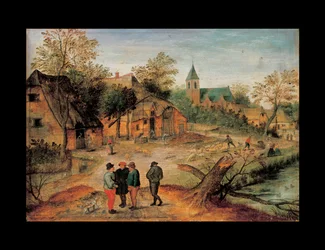 A Village Landscape with Farmers Conversing in the Foreground