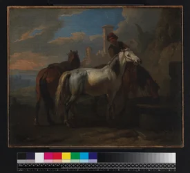 Horses Drinking at a Fountain