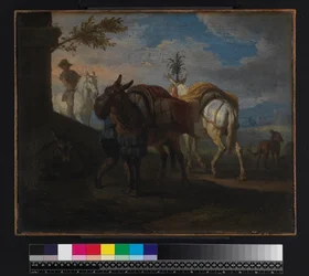Mules halting by the wayside, before 1720