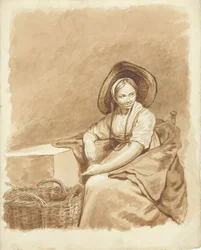 Seated Girl with a Large Hat and a Basket