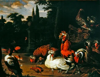 A rooster, chickens, chicks and ducks in a garden setting