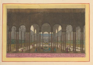 View of the Court of the Lions in the Alhambra in Granada. The Court of the Lions in Granada, a work of the Moorish kings in the Alhambra palace, with two marble basins on ten lions (title on object). Theatrum Hispaniae (...) (series title)