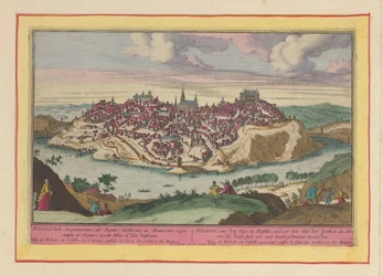 View of the city of Toledo. Toledo on the Tagus in Castile, once the court of the Goths and Moors, who adorned this city with many principal buildings (title on object). Theatrum Hispaniae (...) (series title)