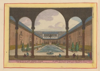 Court in the Alhambra in Granada. The pleasure garden of the Moorish kings in the Alhambra palace within Granada (title on object). Theatrum Hispaniae (...) (series title)
