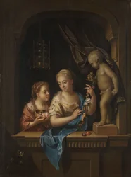 Two Girls with Flowers by a Statue of Cupid