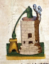 Alchemy: Apparatus for distillation. Engraving from a book by Pietro Andrea Mattioli (Matthiole) (1500-1577). Frankfurt