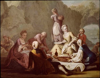 Banquet scene in Posillipo (Pausilippe), Naples. Detail of aristocrats picnicking - Banquet in Posillipo - Detail of aristocrats - 18th century, Museo Nazionale di San Martino, Naples