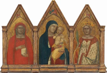 Madonna and Child with the Blessing Christ, and Saints Mary Magdalene and Catherine of Alexandria with Angels [Entire Triptych], Probably 1340