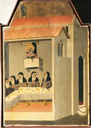 The Blessed Humility miraculously manages to read in refectory of Santa Perpetua, tile from altarpiece of Blessed Humility