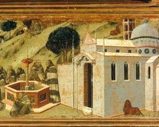 The first Carmelite hermits at Spring of Elijah, detail from predella of altarpiece for Carmine, Pinacoteca Nazionale, Siena