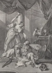 Jael hammering a tent peg into the temple of the sleeping Sisera