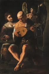 An Elderly Man Playing the Guitar with a Woman and a Putto in Attendance