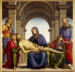 Pieta. Depicted around the body of Jesus Christ: Saint Joseph of Arimathia, Saint Nicodema, Saint Mary Magdalene, Saint John and the Virgin Mary. Painting by Pietro di Cristoforo Vannucci dit Le Perugin