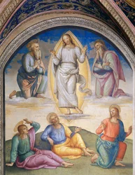 The Transfiguration: Christ Vested in White Surrounded by Moses and Elijah, Below the Apostle John, Peter and James