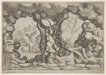 A giant heaving a boulder at center, other giants to left and right struggling and rec...