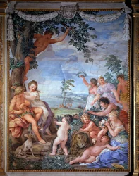 Allegory of the Four Ages, the Golden Age. Fresco by Pietro da Cortona (Stone of Cortona) (1596-1669), 1637, Salle du Poêle (Stanza della Stufa), Palatine Gallery, Palazzo Pitti, Florence