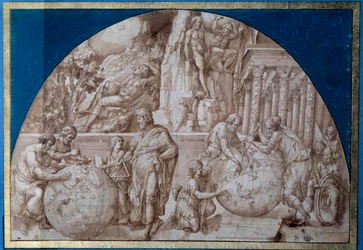 Astronomy allegory. Scientists are taking measurements on Earth globes