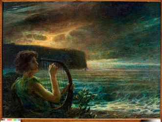 Full Moon, Tribute to a Feminine Deity, Playing Lyre in a Seascape with Stormy Sky