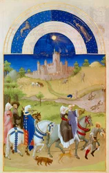 August: Lords Walking Through the Fields While the Peasants Take Care of the Harvest and Bathe