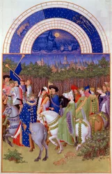 Cortege of Nobles and Musicians on Horseback, View of the Ducal Palace of Riom (?) and the Month of May