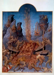 Hell. Devils operate bellows to stir up the fire, burning the damned and making them suffer various torments. Miniature in “The Very Rich Hours of the Duke of Berry”. Painting by Pol de Limbourg, 15th century