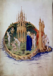 The original sin, Adam and Eve expelled from Paradise. Miniature in “The very rich hours of the Duke of Berry” (15th century). Chantilly, Musée Condé