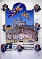 View of Mont-Saint-Michel: the Archangel Saint Michael and the winged dragon are represented fighting in the air. Flemish miniature by Pol de Limbourg from “The Book of Good Morals” by Jacques Legrand (1360-1415/1418), dedicated to John.