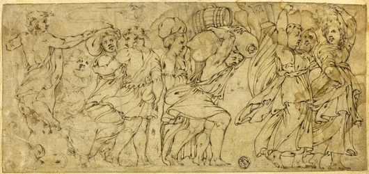Men and Women Carrying Barrels and Bundles