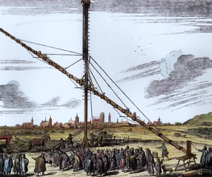 The Large Astronomical Telescope of Johannes Hevelius, illustration from Machina Coelestis by Hevelius, Gdansk, published 1670 (later colouration)