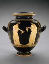Red-Figure Stamnos with Scene of Dionysus with Handmaid
