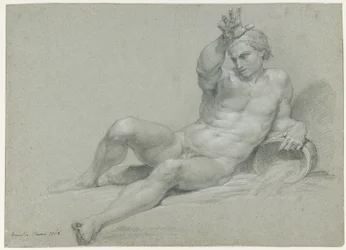 Nude Study of a Reclining Male Model, Right Arm Raised, in the Pose of an Antique River God, Oblique View from the Left
