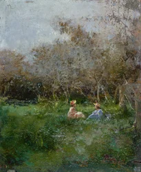 Elegant Ladies Resting in a Wooded Landscape