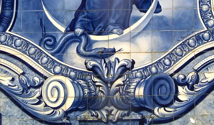 Detail of a decorative panel showing the Virgin Mary crushing the Serpent, Lamego, Portugal. 1738