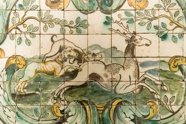 Majolica tiles depicting dogs chasing a deer from The Hunting Room at Palacio da Praia, Belem, c.1680