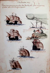 Manuscript page “Memories of the Armadas of Portugal under King Manuel I (1469-1521)”, representing the Portuguese fleets of the year 1497. 1500. Lisbon, National Museum of Ancient Art.