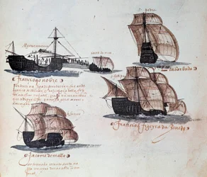 Memorials of the Armadas of Portugal under King Manuel I (1469-1521): depiction of the caravels of the Portuguese fleet. Miniature from a manuscript of 1497. Lisbon, National Museum of Ancient Art