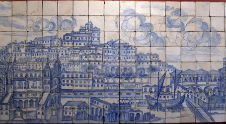Panoramic view of Lisbon, before the earthquake of 1755 - Azulejos from the beginning of the 18th century, panel referring to the former palace of the Counts of Tentúgal, Lisbon, Great Lisbon panorama before the earthquake of 1755, faience from the early