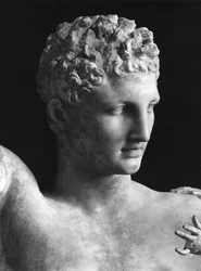 Detail of the statue of Hermes and the Infant Dionysus, c.330 BC, head of Hermes