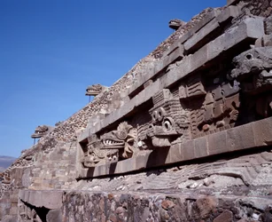 Precolombian civilization: view of the site of Teotihuacan: the Temple of Quetzalcoatl