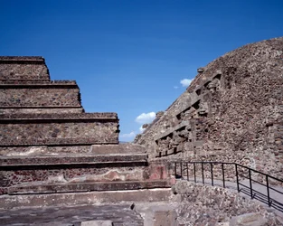 View of the site of Teotihuacan (300 BC-600 AD): the Temple of Quetzalcoatl or Temple of the Feathered Snake. Mexico
