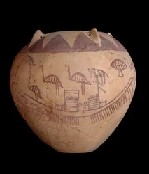 Fired clay jar with painted decoration, including boats and animals, c.3400-3300 BC