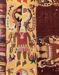 Pre-Columbian civilization: ceremonial officiant wearing a mask. 300-100 BC. Tapestry from Ica in Peru. National Museum of Archaeology in Lima, Peru.