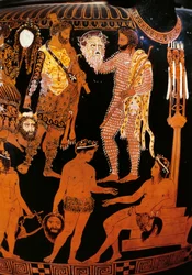 Pronomos Vase, red-figure krater. Detail depicting Hercules (Heracles), the preparations for a satyr play in the presence of Dionysus and Ariadne; the figures hold theatre masks. 400 BC. Naples, Museo Archeologico Nazionale