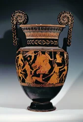 Attic red-figure volute-crater, decorated with a scene of actors and musicians preparing for a performance, Greek, from Ruvo, 5th century BC