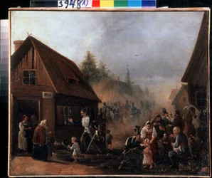 Scene of the Russian French War in 1812. Painting by Pyotr Ilyich Baykov (1817-?)