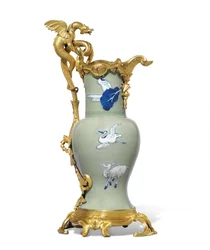 One of a pair of Louis XV ewers, porcelain 1662-1722, mounts c.1745-49