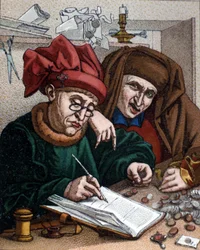 Money lenders. This activity led to the creation of banks. Illustration inspired by Metsys painting. 19th century