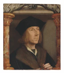 Portrait of gentleman, bust-length, in a fur-lined coat, telling a rosary, set in an architectural surround