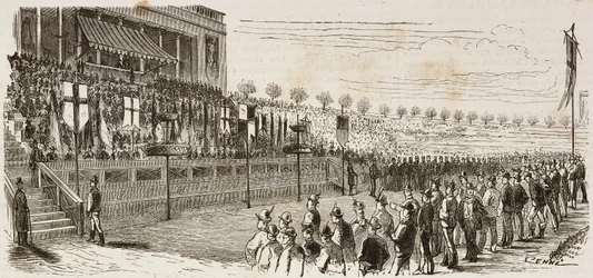 Awarding prizes to winners of national shooting competition in Milan, Italy, engraving by Quinto Cenni from L