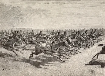 Horse Artillery of the Italian Army passing at full gallop, Lombardy, Italy, engraving from a drawing by Quinto Cenni, from L